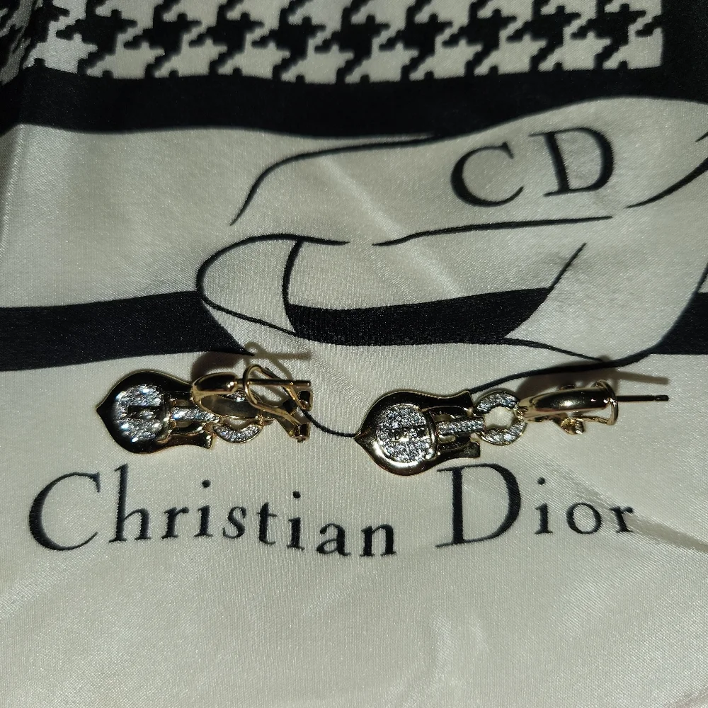 DIOR 🔥RARE🔥 Designed By John Galiano Gold Buckle design✨️ Pavé Earrings 🔥 - Picture 3 of 9